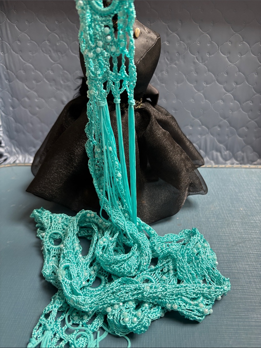 Turquoise Crochet Fringe Scarf